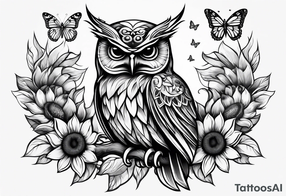 Small owl with butterfly and sunflower leg sleeve tattoo idea Small owl with butterfly and sunflower leg sleeve tattoo idea