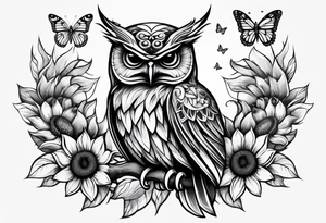 Small owl with butterfly and sunflower leg sleeve tattoo idea