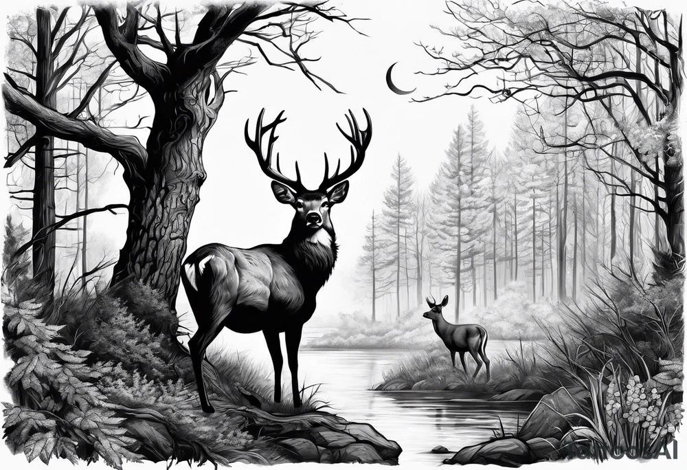 tree stand and a deer in front tattoo idea
