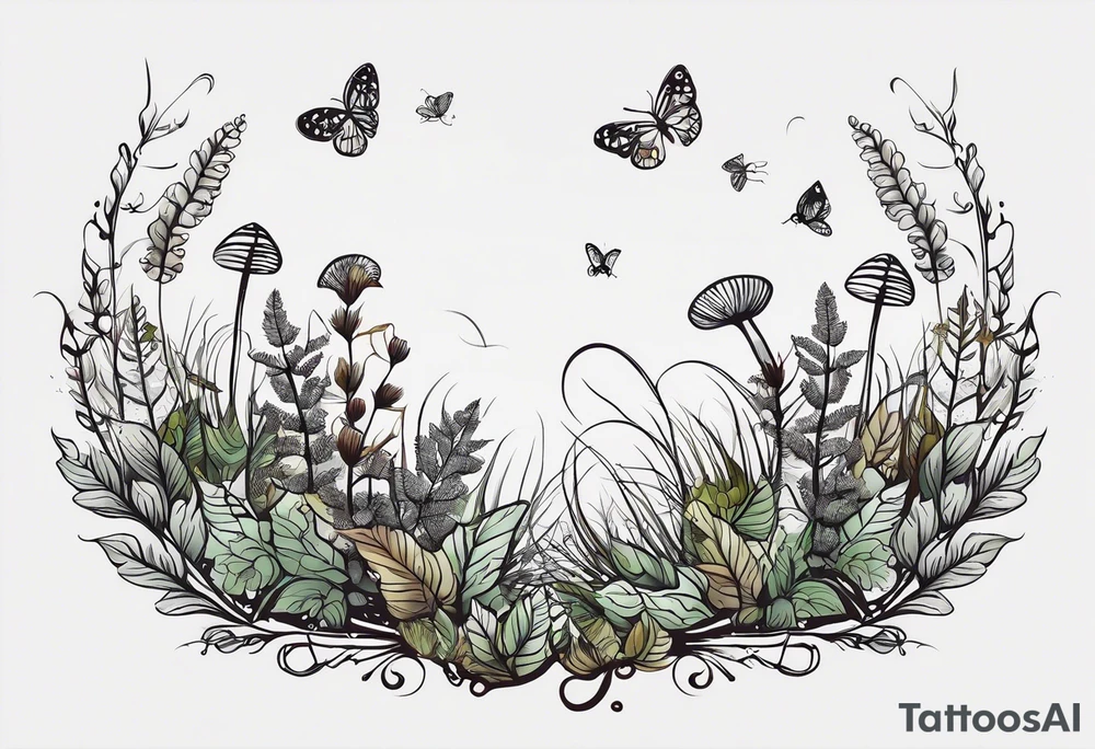 forest floor inspired minimalist tattoo, which includes grass, curly ferns and dead leaves as the bulk of the tattoo. details to include: three very tiny strawberries, a tiny bumblebee flying nearby, three small brown mushrooms tattoo idea