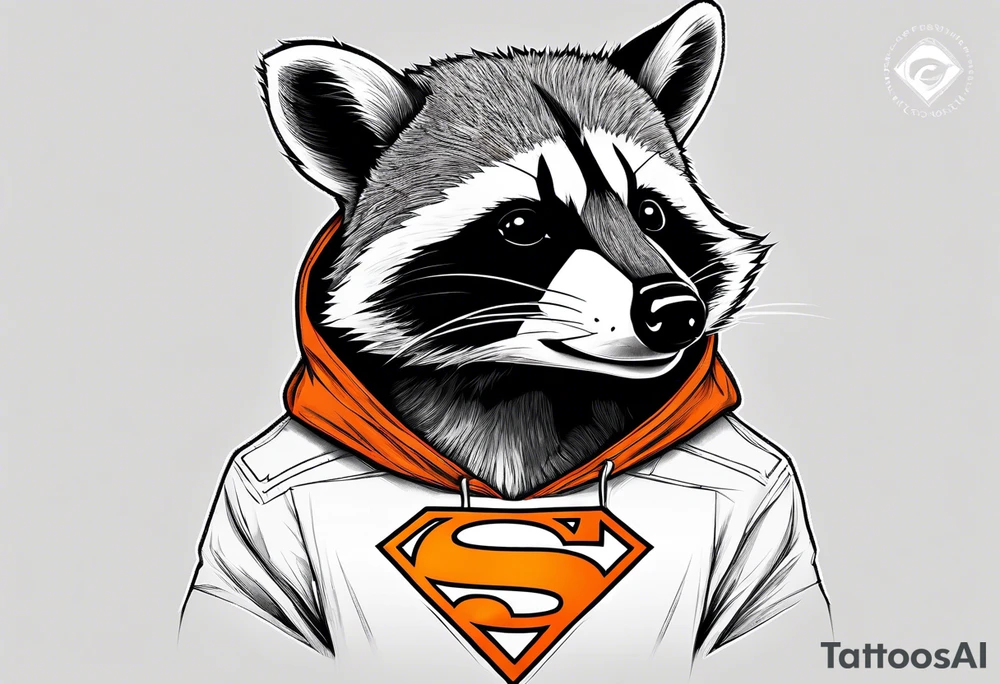 Raccoon wearing an orange Superman hoodie tattoo idea