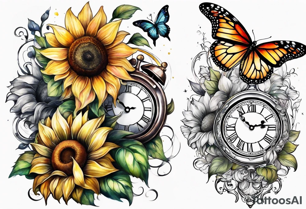 Sleeve with clock, sunflower and butterfly tattoo idea