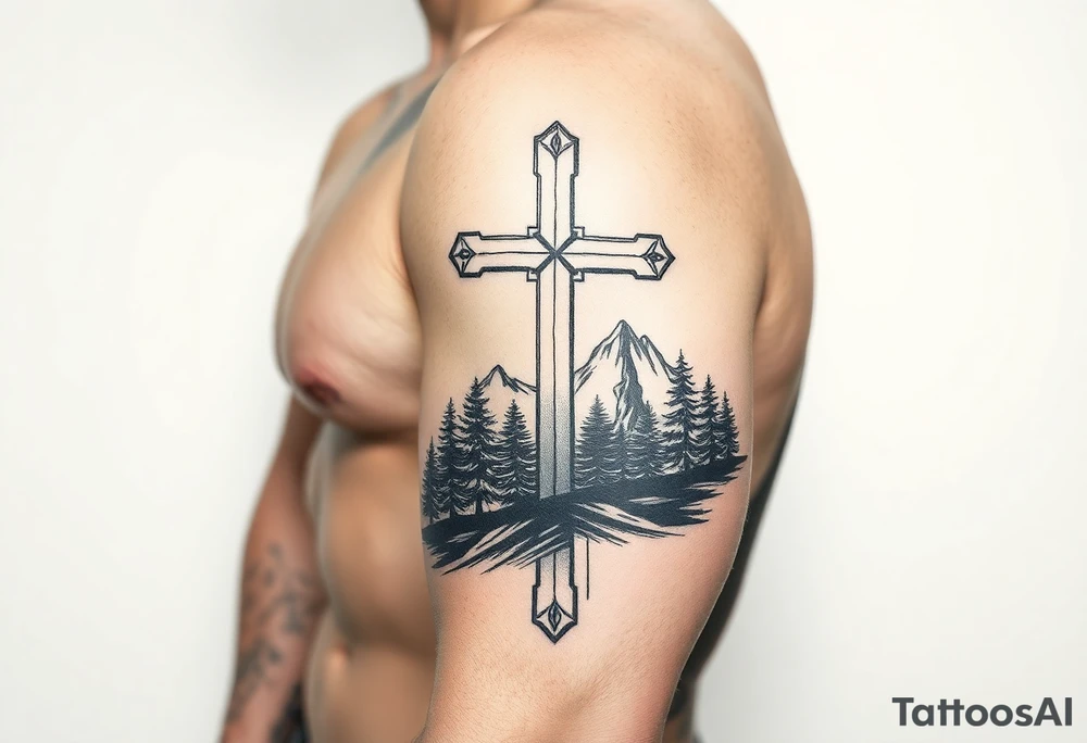 russian christian orthodox cross which is relatively small, with the diagonal line at the bottom with a light forrest with a light mountainous setting tattoo idea