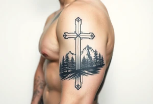 russian christian orthodox cross which is relatively small, with the diagonal line at the bottom with a light forrest with a light mountainous setting tattoo idea