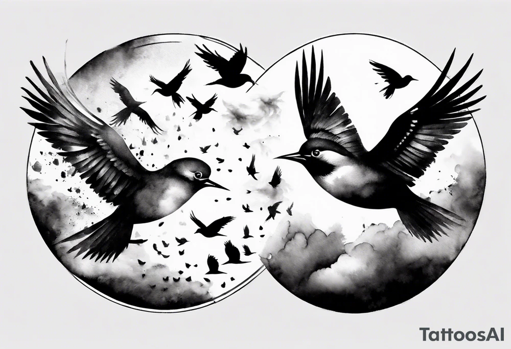shoulder tattoo with light rays with birds flying free among the clouds, round shape, 3d effect tattoo idea