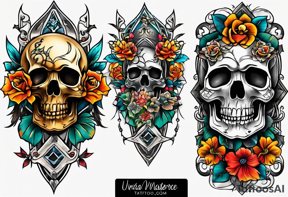 Old school center Knee tattoo with skulls, various flowers, water and fall colors tattoo idea