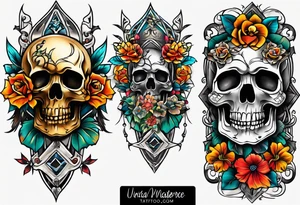 Old school center Knee tattoo with skulls, various flowers, water and fall colors tattoo idea