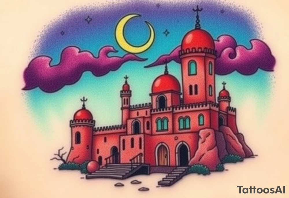 Tim Burton’s haunted Arabian castle is abandoned and dripping with muted reds, dusty pinks, and eerie green glow.purple and cyan smokey clouds swirl in the crescent moonlit sky thats sprinkled with stars tattoo idea tattoo idea