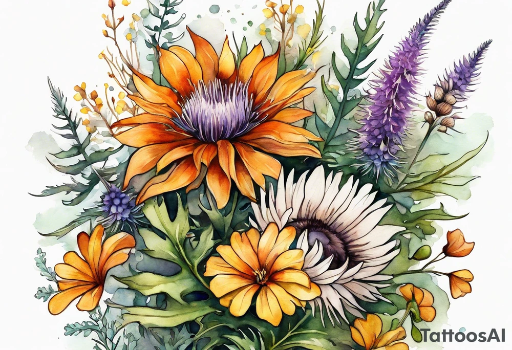 mixed wildflower cascading with thistles, ferns, burnt orange white and yello flowers all in watercolor tattoo idea
