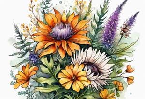 mixed wildflower cascading with thistles, ferns, burnt orange white and yello flowers all in watercolor tattoo idea