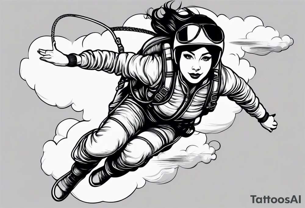 Black haired Woman skydiver jumping from plane with parachute tattoo idea
