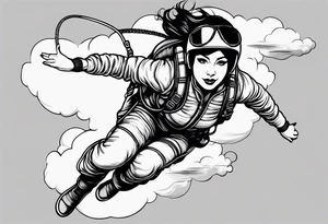 Black haired Woman skydiver jumping from plane with parachute tattoo idea