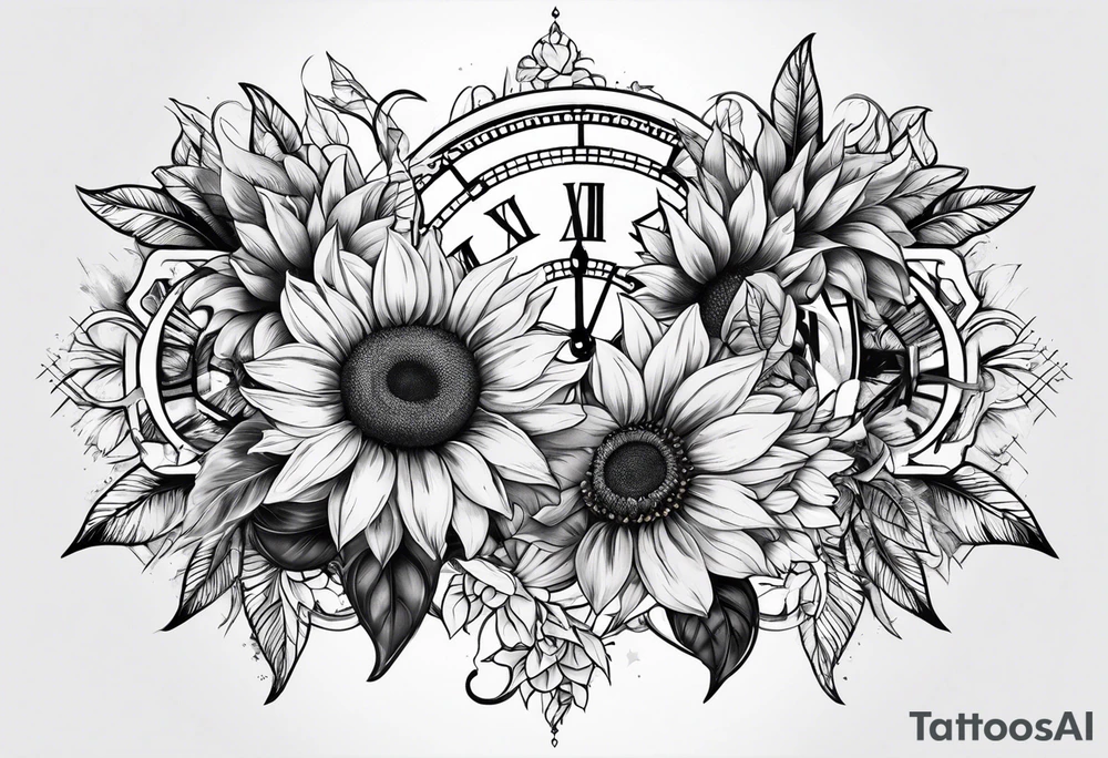 Sleeve with Roman numeral and sunflowers tattoo idea