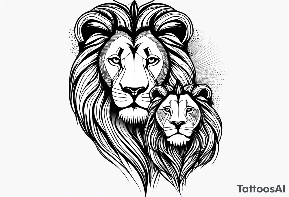 Moitie Visage lion avec son bebe avec trait super fin entouré d'un cœur tattoo idea