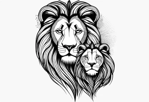 Moitie Visage lion avec son bebe avec trait super fin entouré d'un cœur tattoo idea