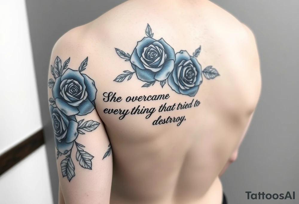 Full arm sleeve of blue roses with the quote “ She overcame everything that tried to destroy her “ tattoo idea