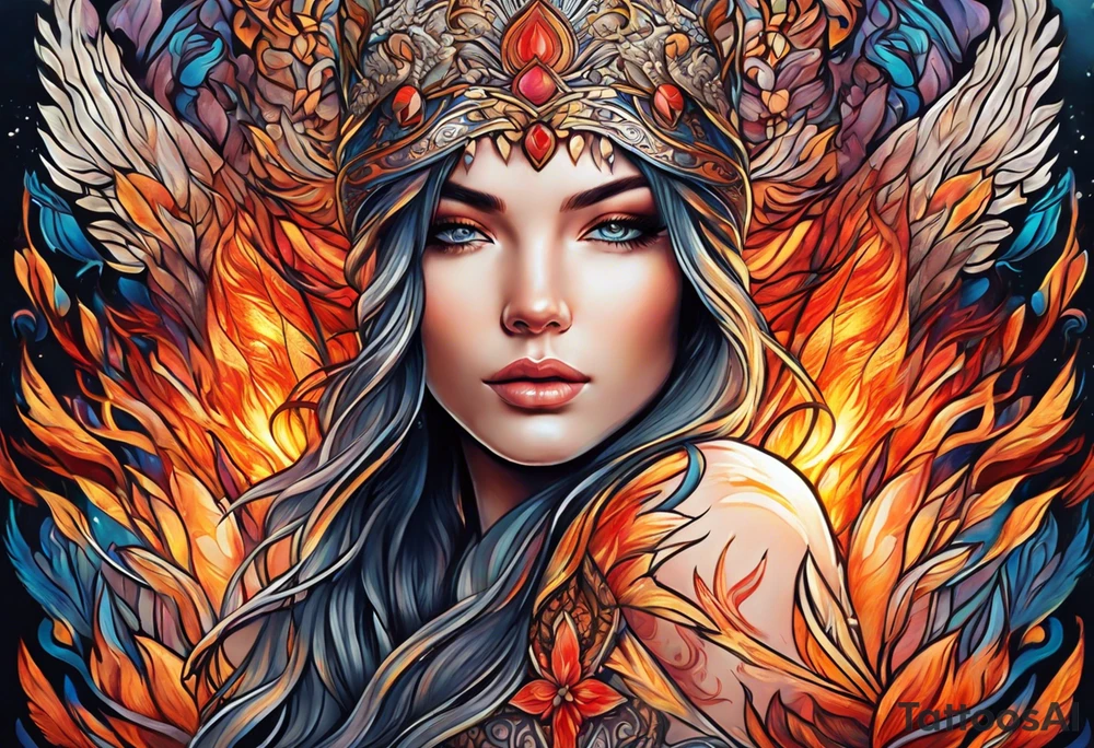 Resurrection strength and courage Beautiful Woman walking through fire and chaos to inner peace and self-love  ethereal tattoo idea