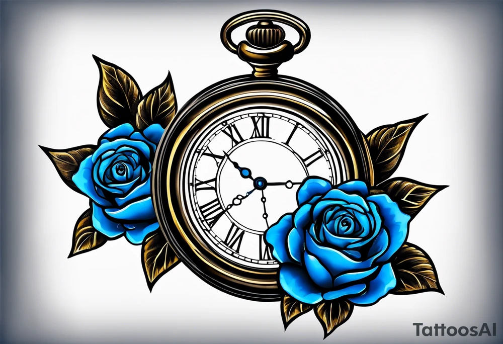 Pocket watch with blue roses tattoo idea