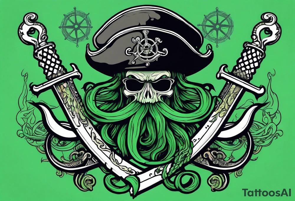 green pirate squid with tentacles holding very bloody sword and anchor in tentacles, black hat, beard tattoo idea