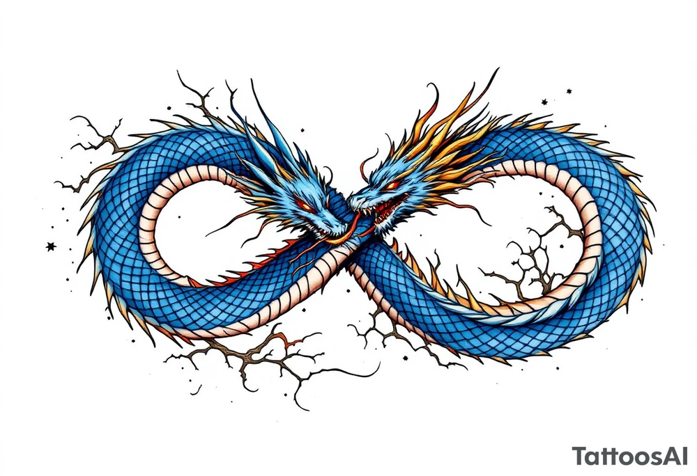 The design features a dragon coiled into the shape of the infinity symbol (sideways number "8"). The dragon is depicted eating its own tail, symbolizing eternity and continuity (Ouroboros-inspired).

Details:

The dragon's body should be slightly thicker for a more powerful and robust look.
Its vibrant blue scales should include subtle patterns in red and yellow, creating a striking contrast while maintaining elegance.
Style:

The dragon’s texture should remain smooth and glossy, emphasizing its detailed scales and flowing form.
The focus is entirely on the dragon, keeping the background minimalistic for a clean, modern aesthetic. tattoo idea