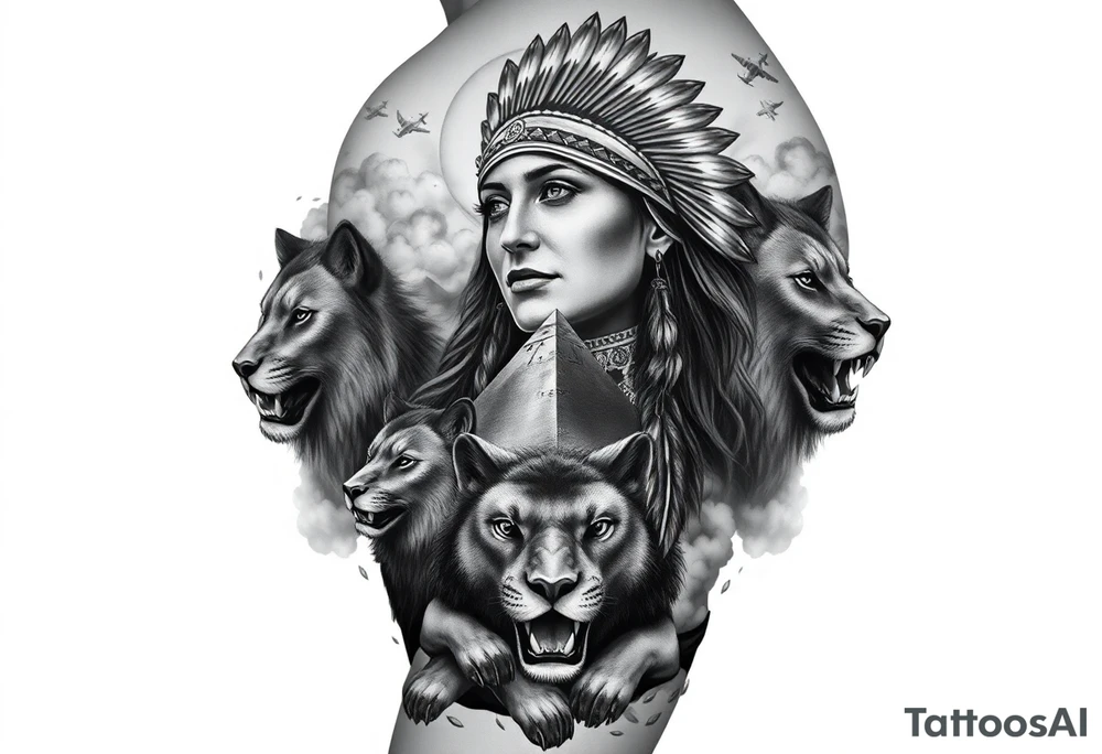 A native indian woman with surrounded by Wolves & Lions behind a Pyramids & mountain with the sun overhead & jets flying in the air & smoke surrounding everything tattoo idea