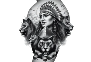 A native indian woman with surrounded by Wolves & Lions behind a Pyramids & mountain with the sun overhead & jets flying in the air & smoke surrounding everything tattoo idea