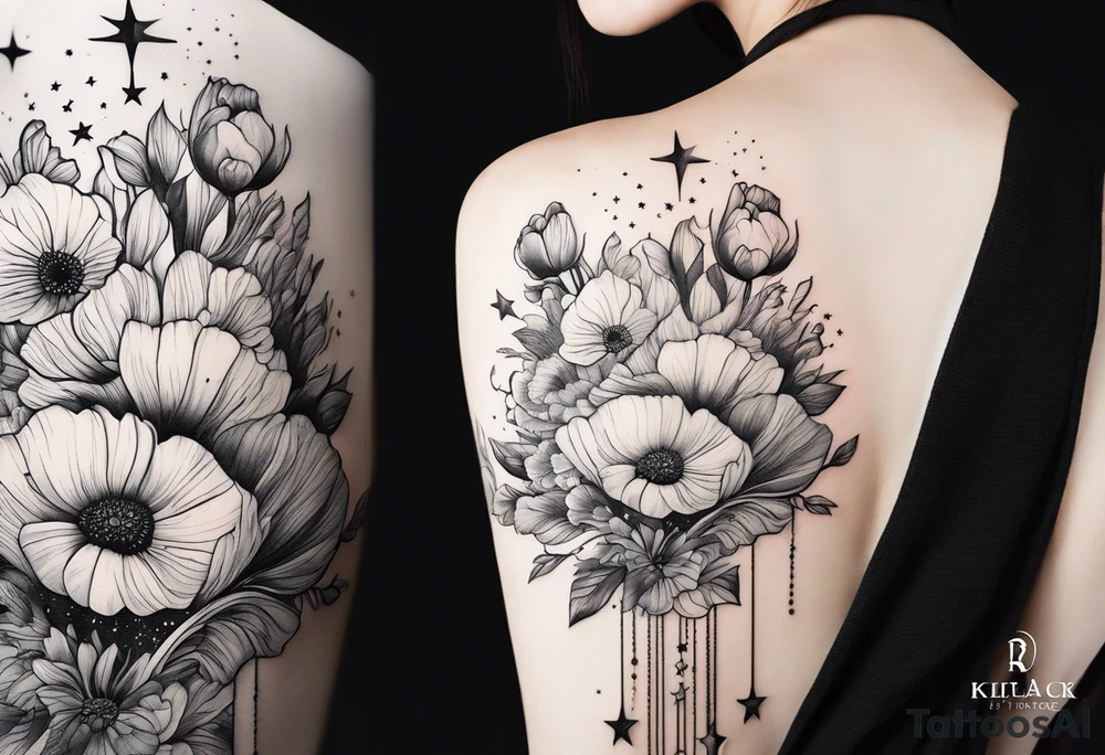 fine line vertical spine tattoo with stars, moon, clouds, poppy dainty tattoo idea