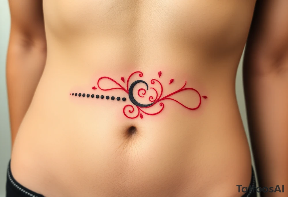 “-... .-. .- . .- .-.. ....... -.. .- .-- --- --- -.. .......” with swirl design in red ink on female hip bone/lower stomach tattoo idea