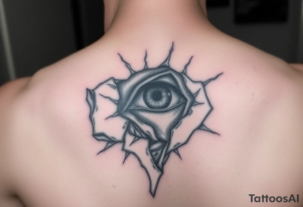 Skin torn away from throat exposing the muscles and veins with a haunting eye peering out from the wound tattoo idea