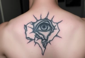 Skin torn away from throat exposing the muscles and veins with a haunting eye peering out from the wound tattoo idea