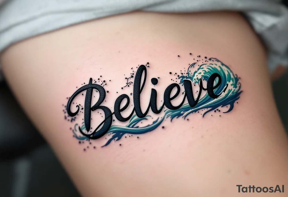 "Believe" in black ink, with waves crashing around it in shades of blue and green, representing the ebb and flow of life's challenges. tattoo idea