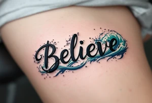 "Believe" in black ink, with waves crashing around it in shades of blue and green, representing the ebb and flow of life's challenges. tattoo idea