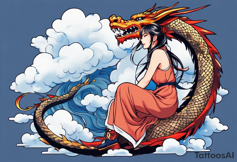 american traditional style, an anime girl sitting on a asian dragon surrounded by cloud tattoo idea