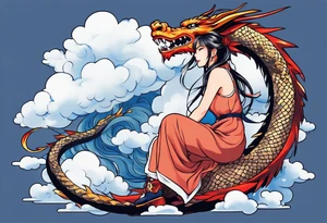 american traditional style, an anime girl sitting on a asian dragon surrounded by cloud tattoo idea