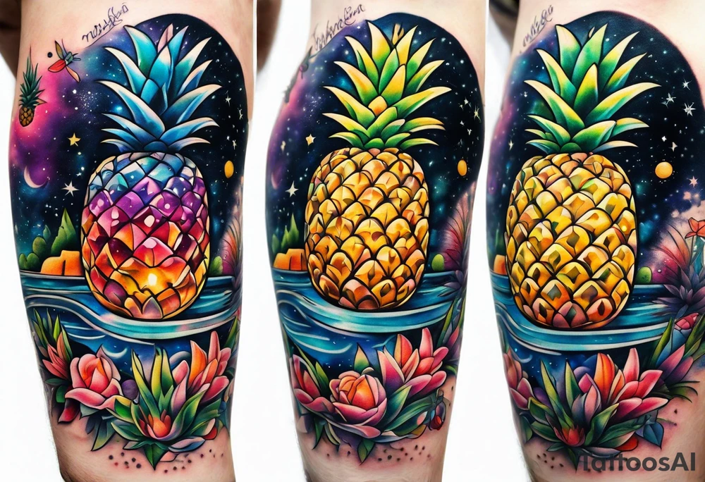 tattoo of animals in Amsterdam canal featuring colours of galaxies and the universe and pineapples and glass tattoo idea
