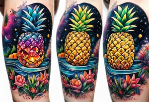 tattoo of animals in Amsterdam canal featuring colours of galaxies and the universe and pineapples and glass tattoo idea
