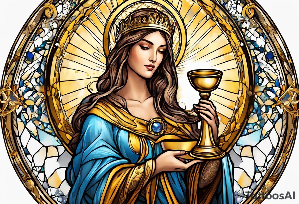 holy saint woman with golden halo holding a chalice tattoo idea