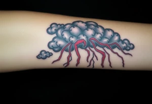 Dark, black menacing storm clouds with creepy red bolts of lightning & heavy rain coming down tattoo idea