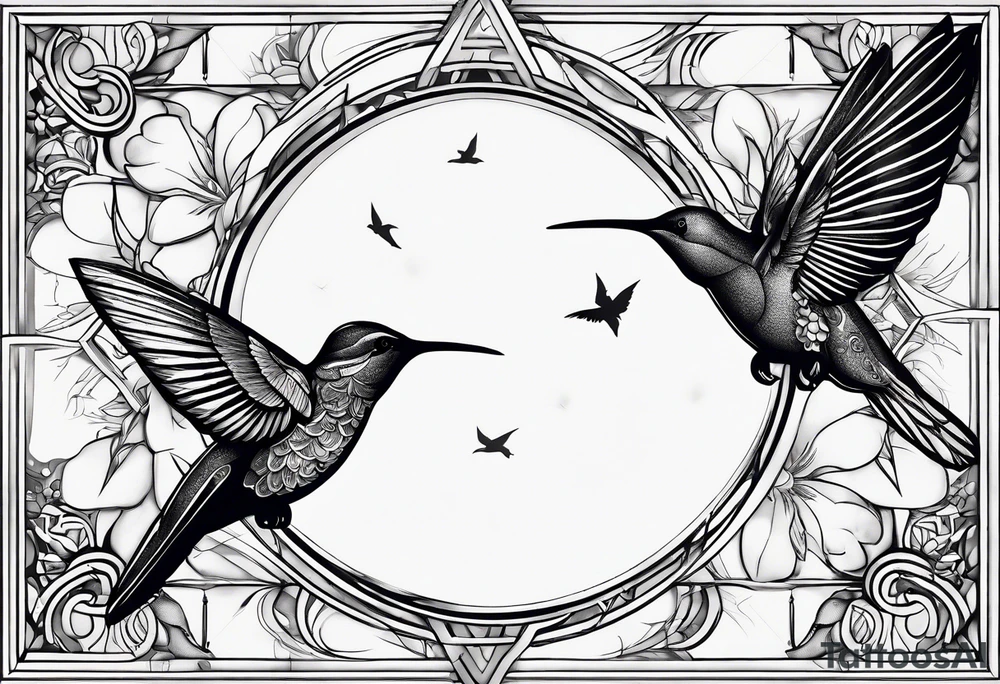 Symbols, double triangle, unclosed delta, crescent moon, hummingbird tattoo idea