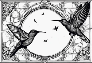 Symbols, double triangle, unclosed delta, crescent moon, hummingbird tattoo idea