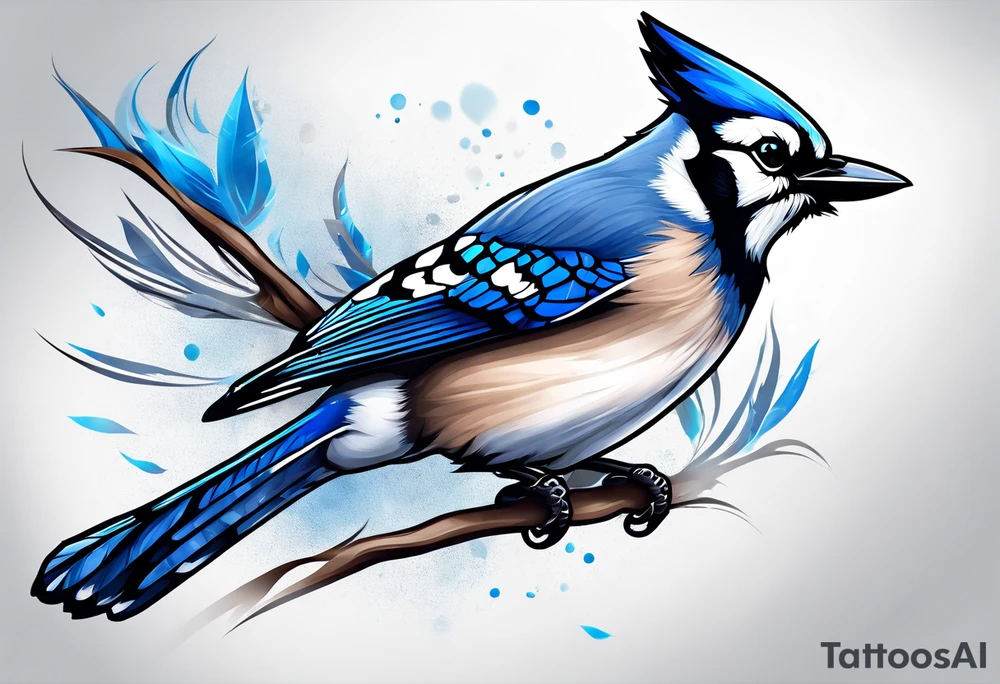 Strong blue jay bird in flight downward tattoo idea