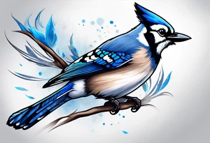 Strong blue jay bird in flight downward tattoo idea