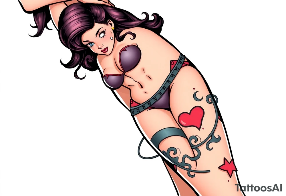 Stylized comic book woman in bondage on thigh tattoo idea