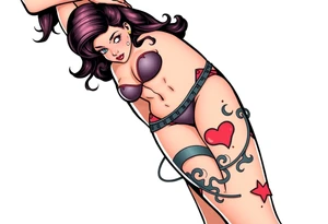 Stylized comic book woman in bondage on thigh tattoo idea