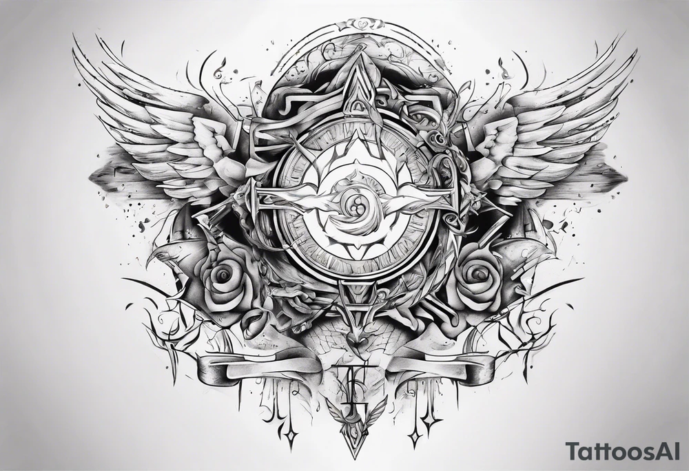Chest tatoo abstraction with sun and letters and angels tattoo idea