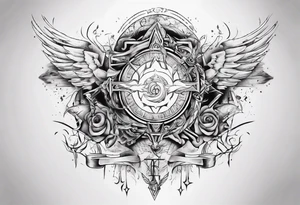 Chest tatoo abstraction with sun and letters and angels tattoo idea