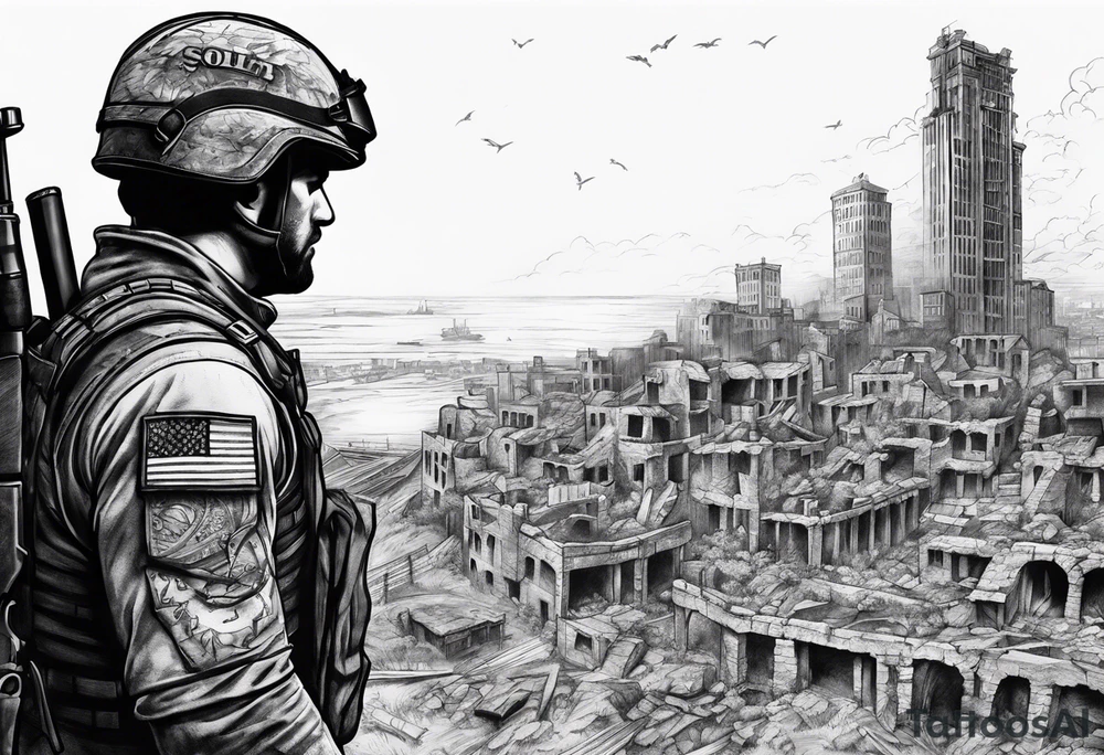 Soilder looking at city ruins tattoo idea
