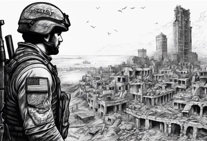 Soilder looking at city ruins tattoo idea