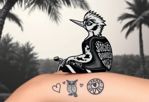 Woody the woodpecker wearing a leather vest that says peckerwoods, on a Harley Davidson under a palm tree, gazing in love at a barn owl tattoo idea
