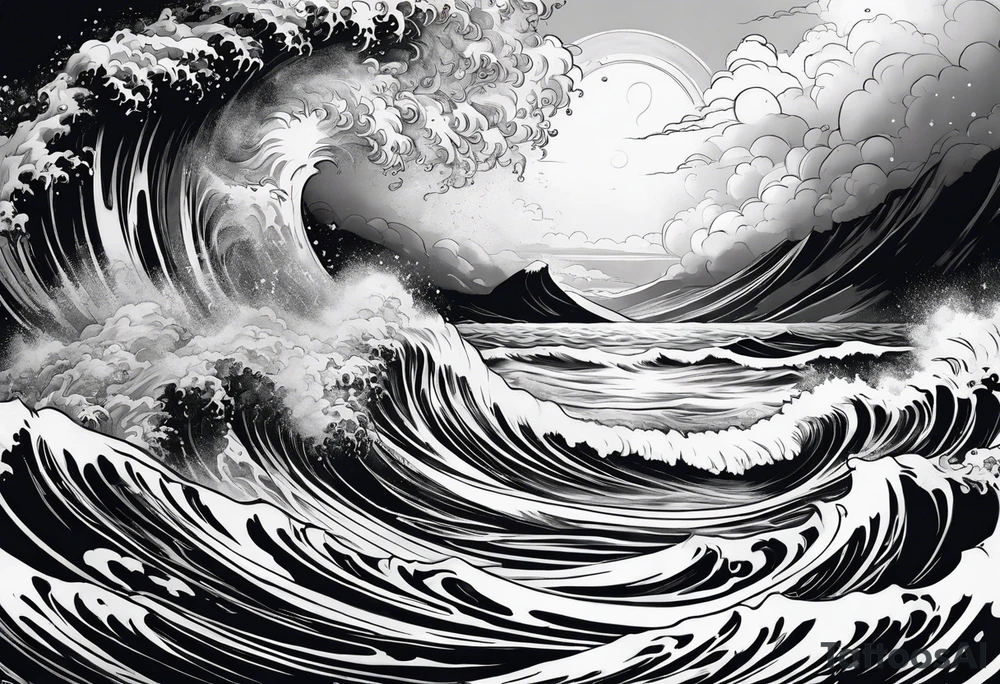 goddess, stormy sea, full length tattoo idea